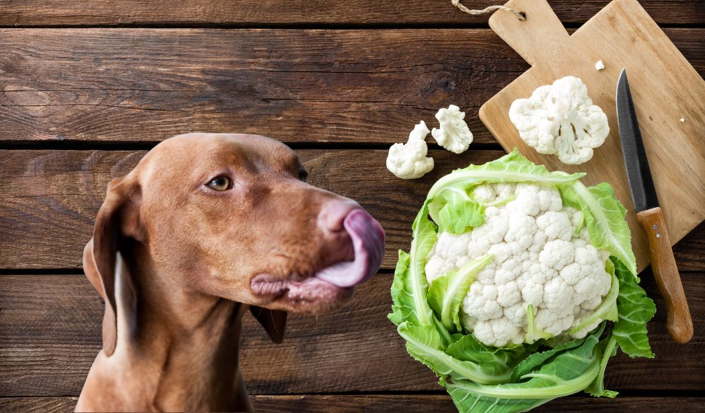 dog licking lips at cauliflower