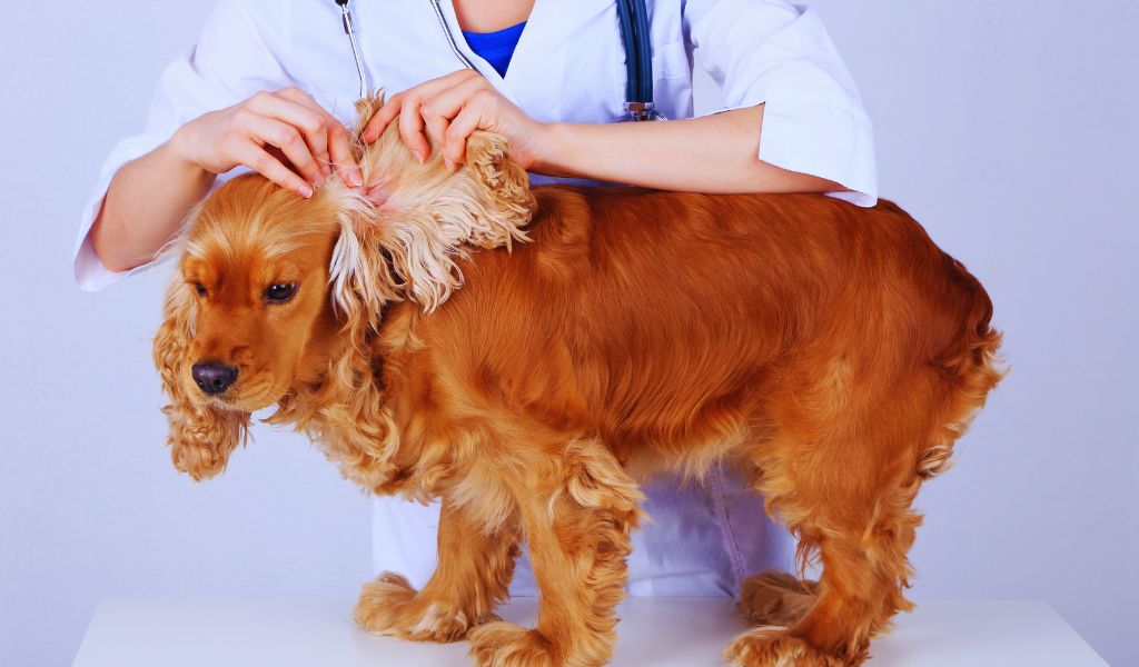 cocker spaniel at vets having ear examined