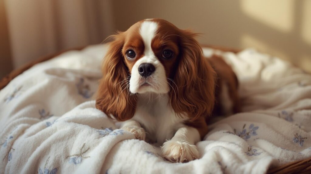 Preparing your Cavalier King Charles Spaniel for a new baby or family member. 2 Cavalier King Charles Spaniel sitting calmly next to a baby cot or blanket