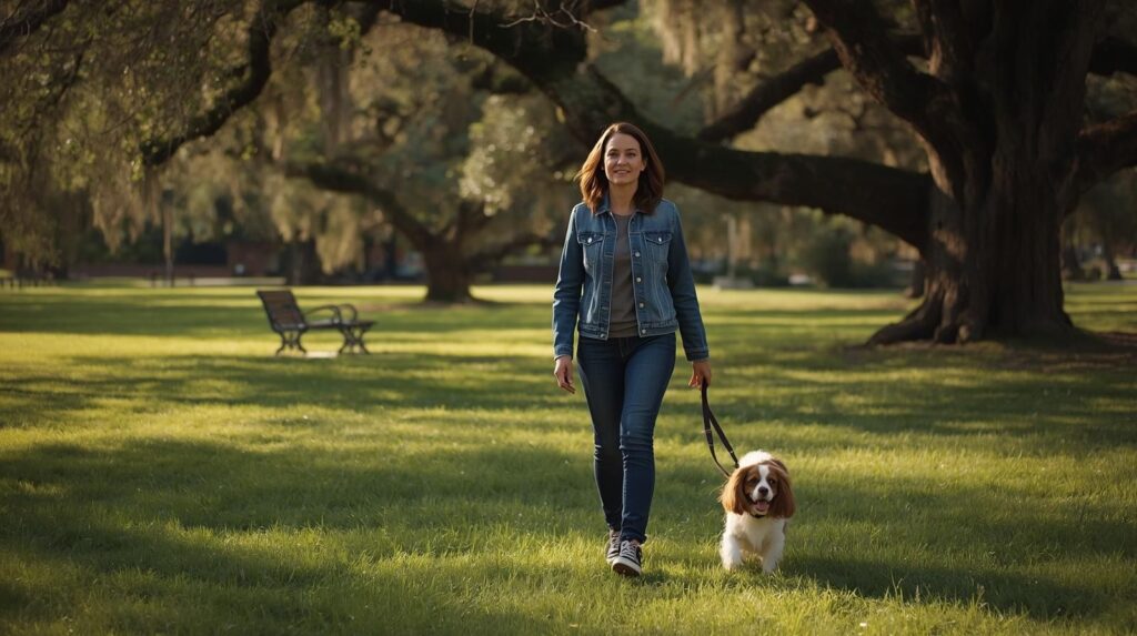 Preparing your Cavalier King Charles Spaniel for a new baby or family member. 3 Owner walking a Cavalier on lead in a quiet park