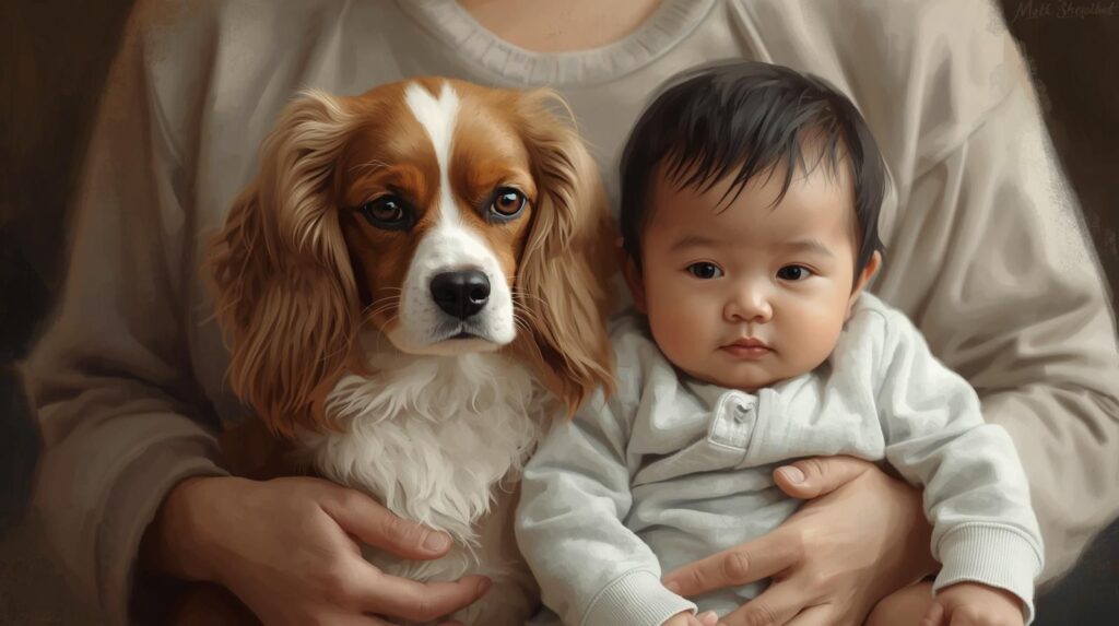 Preparing your Cavalier King Charles Spaniel for a new baby or family member. 4 Cavalier gently sitting near a baby held by an adult, under supervision