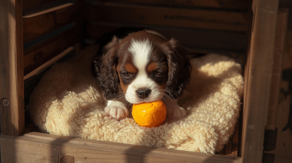 The benefits of crate training for your Cavalier King Charles Spaniel. 3 Cavalier in a crate with a safe chew toy.